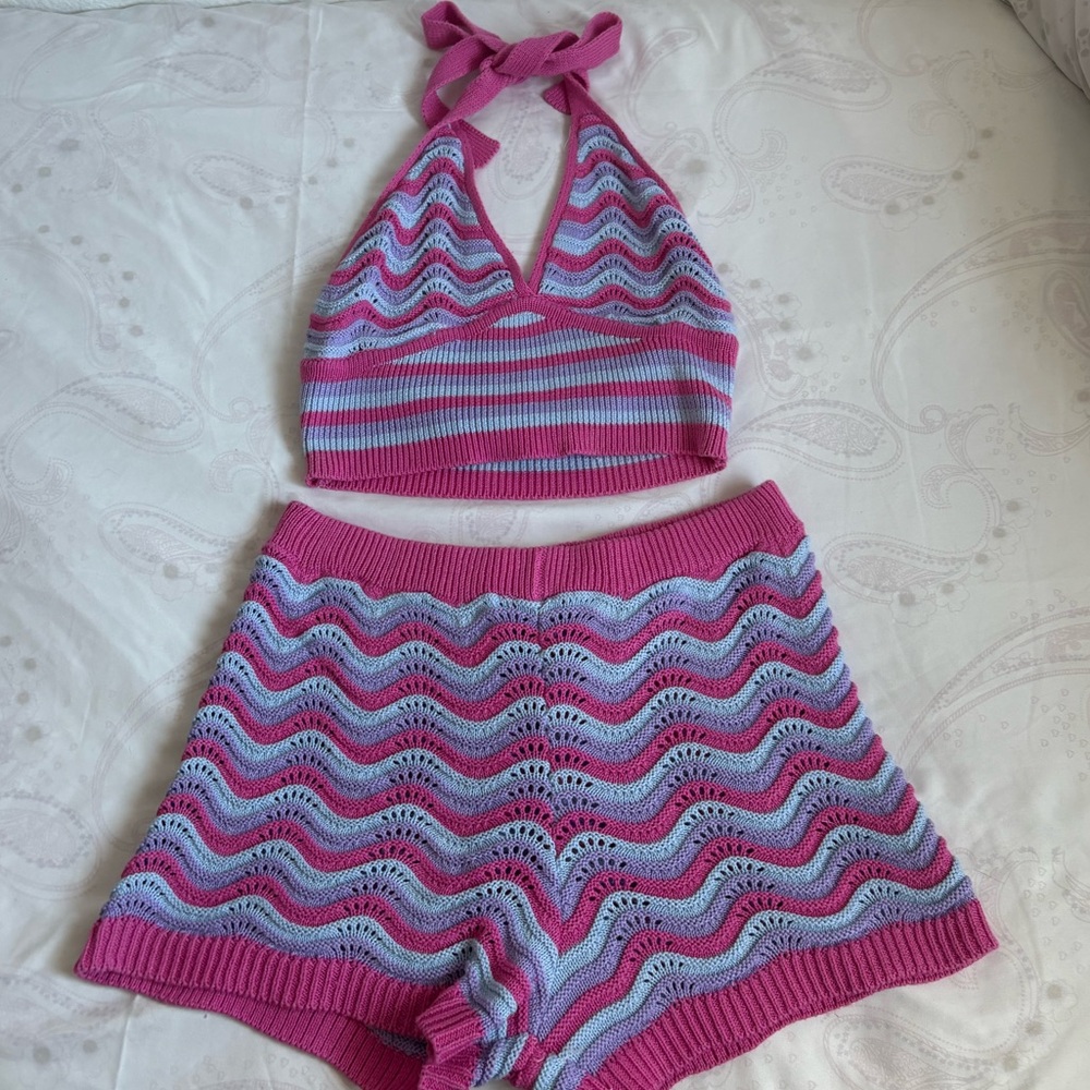 No Boundaries Pink and Blue Striped Knit Set
